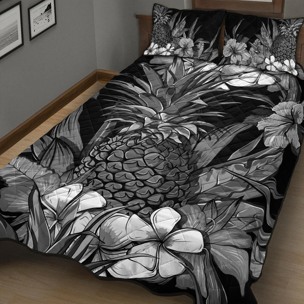 Hawaii Quilt Bed Set Pineapple Hibiscus Black And White