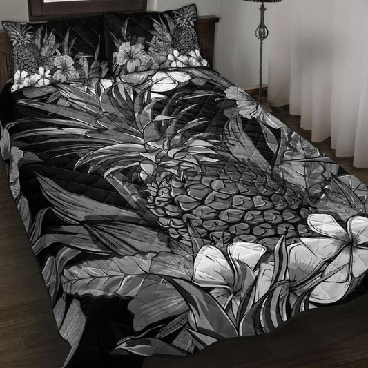 Hawaii Quilt Bed Set Pineapple Hibiscus Black And White