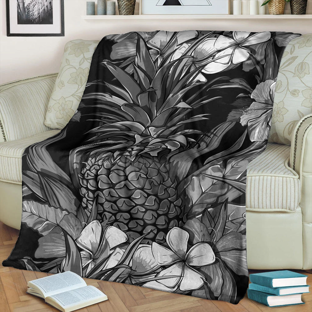 Hawaii Premium Blanket Pineapple Hibiscus Black And White