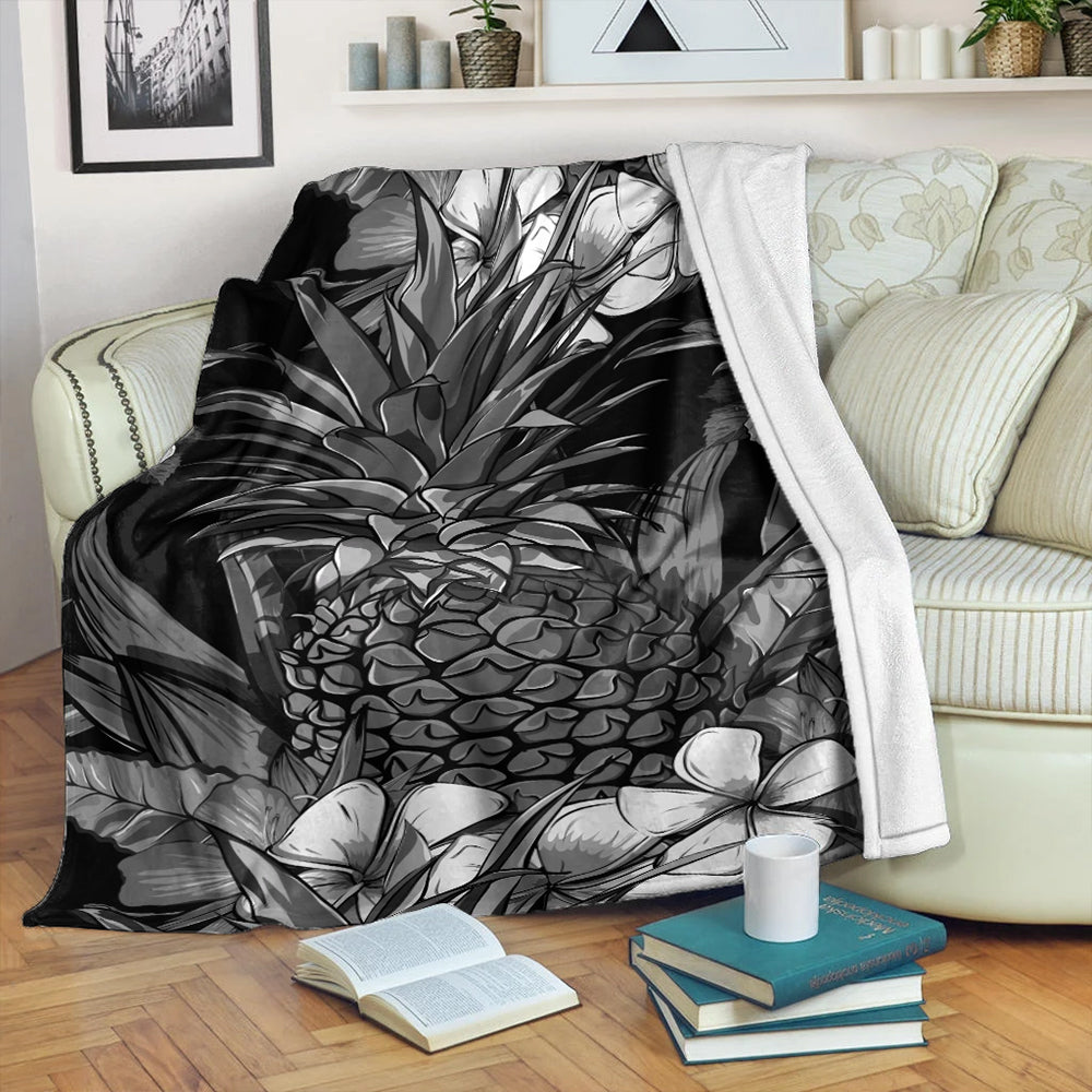 Hawaii Premium Blanket Pineapple Hibiscus Black And White
