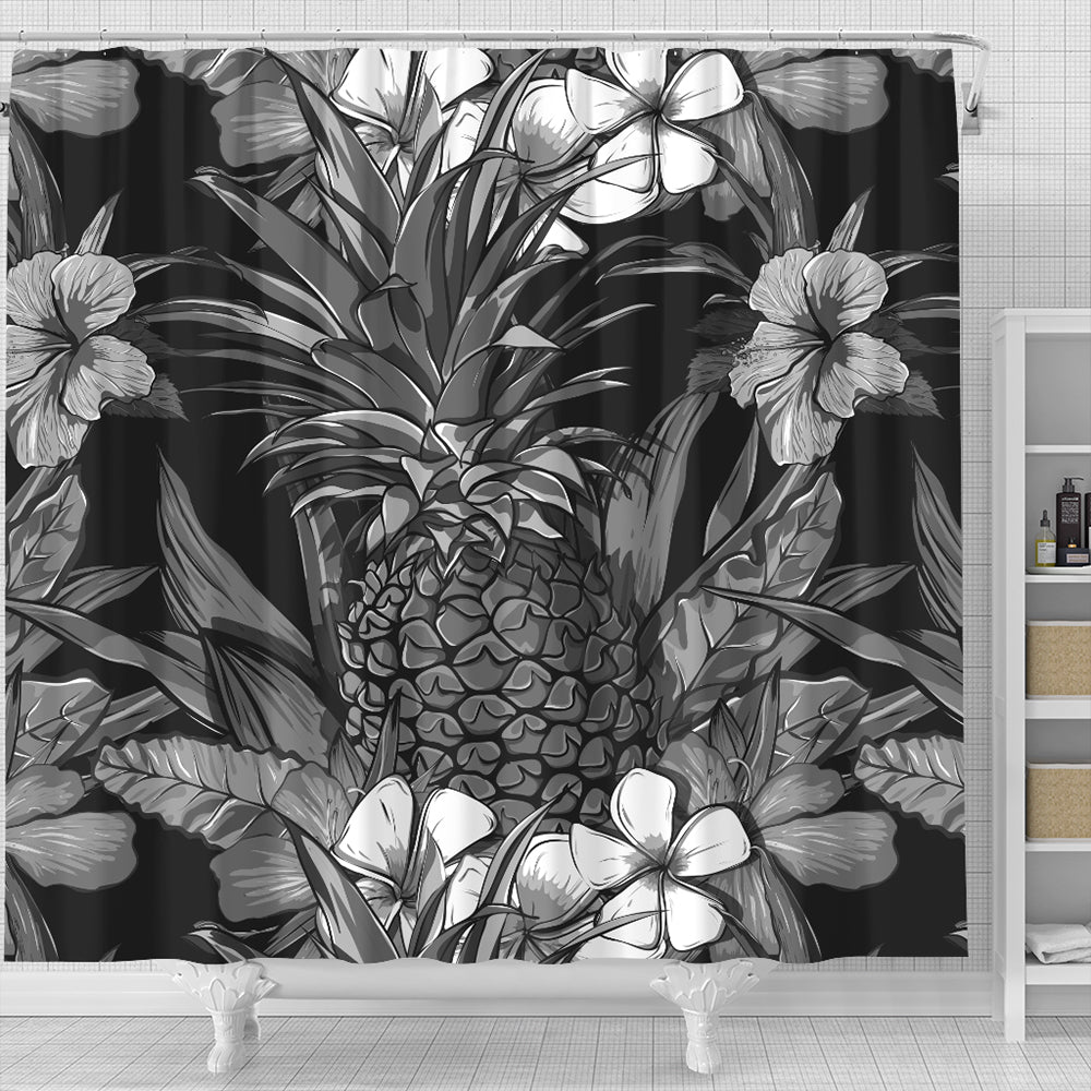 Hawaii Shower Curtain Pineapple Hibiscus Black And White