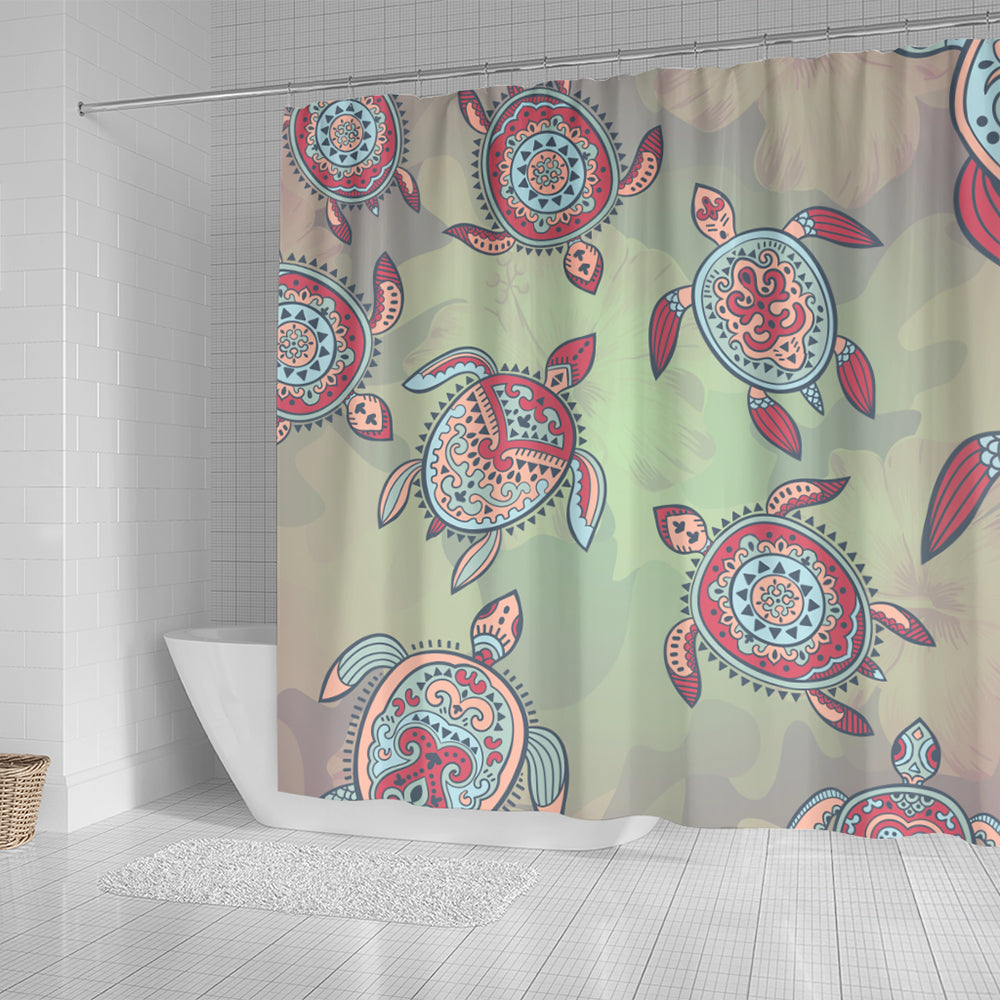 Hawaii Shower Curtain Turtle Colorful Hibiscus Background