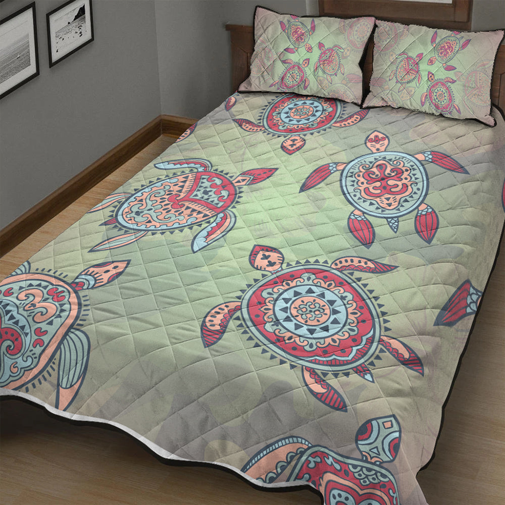 Hawaii Quilt Bed Set Turtle Colorful Hibiscus Background