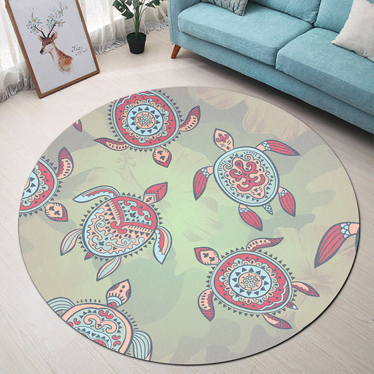 Hawaii Round Rug Turtle Colorful Hibiscus Background