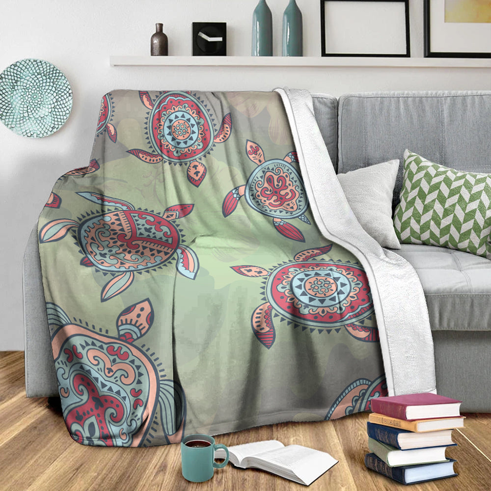 Hawaii Premium Blanket Turtle Colorful Hibiscus Background