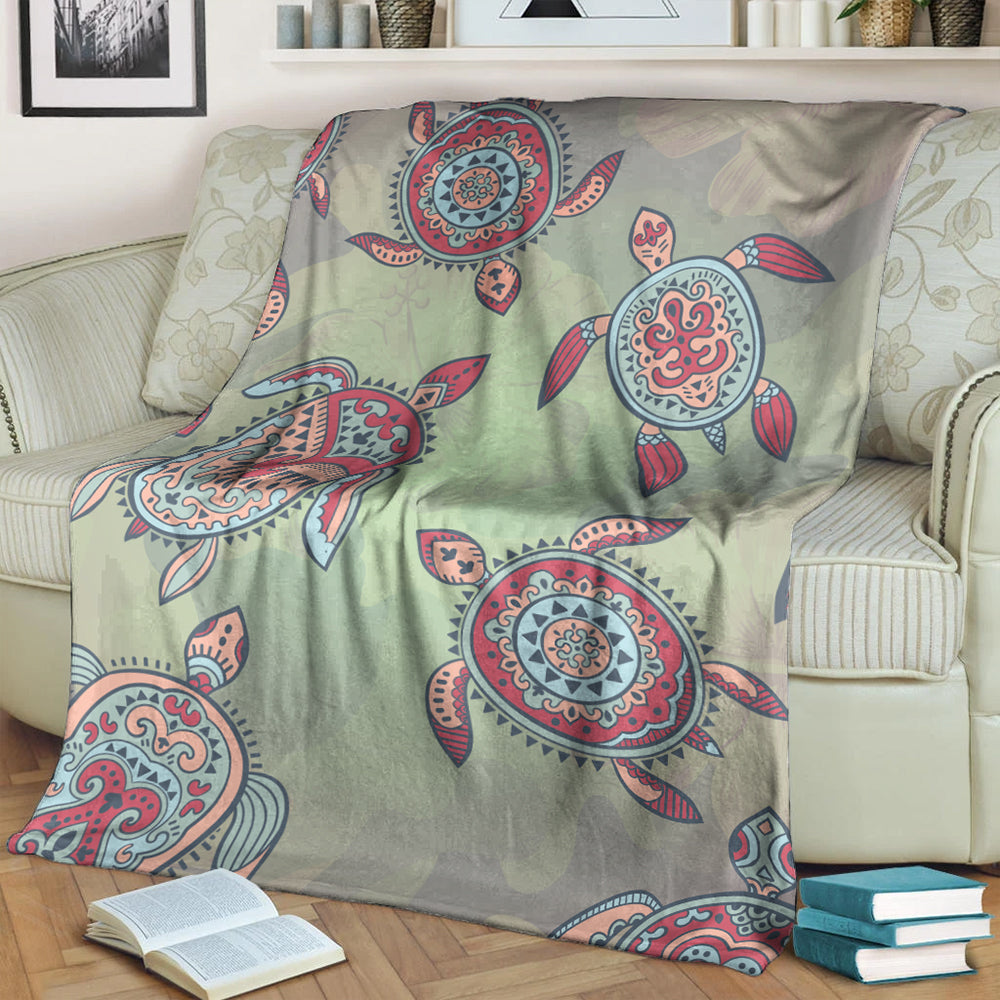Hawaii Premium Blanket Turtle Colorful Hibiscus Background