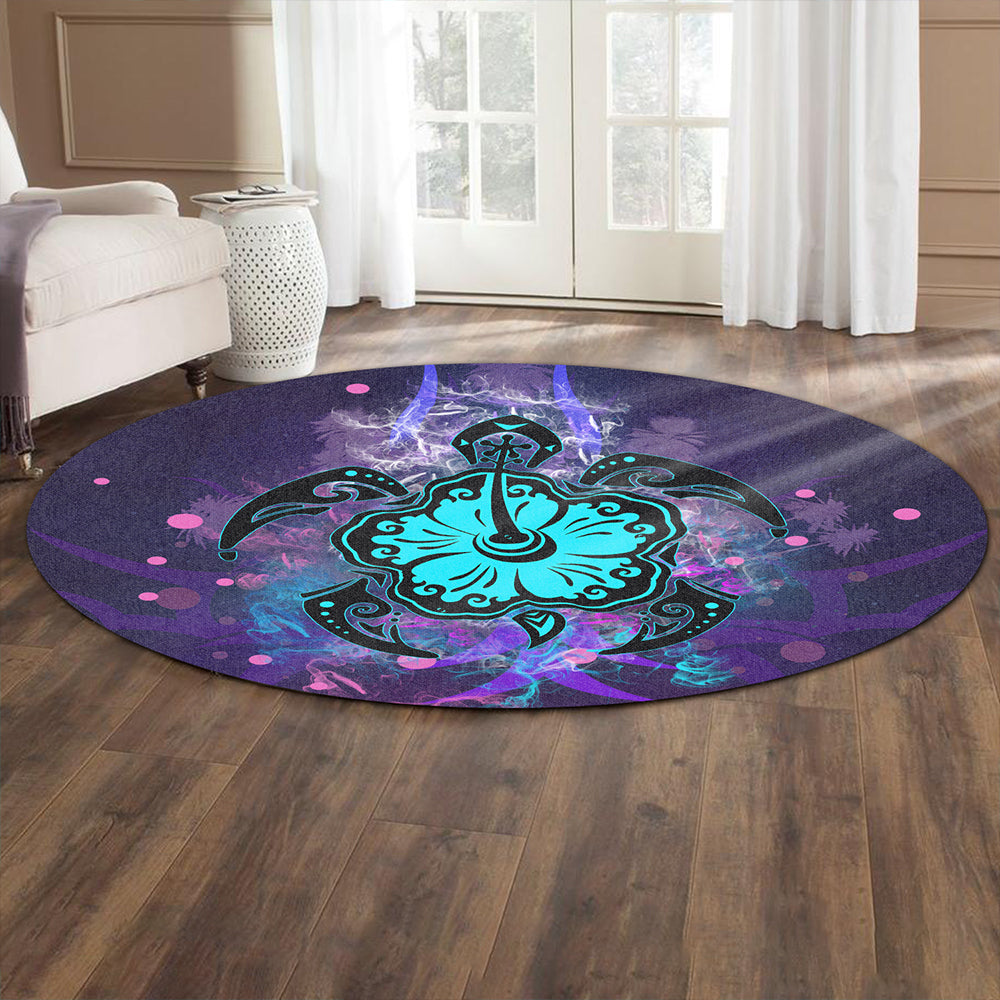 Hawaii Round Rug Turtle Hibiscus Galaxy Violet