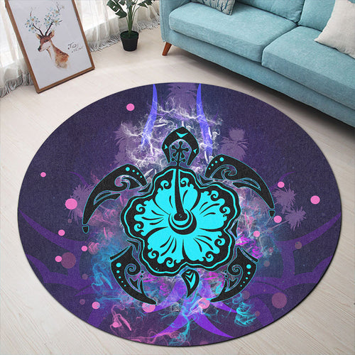 Hawaii Round Rug Turtle Hibiscus Galaxy Violet