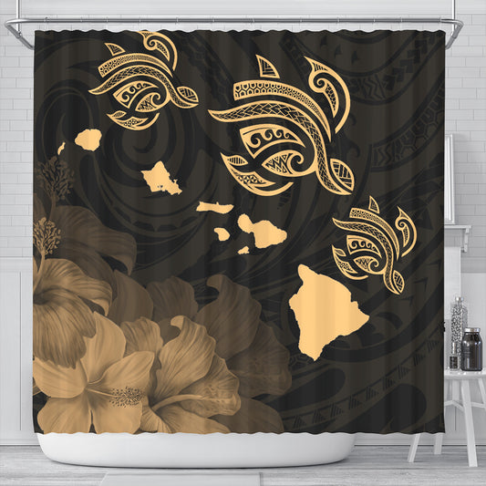 Hawaii Shower Curtain Turtle Hibiscus Map Polynesian Family Gold