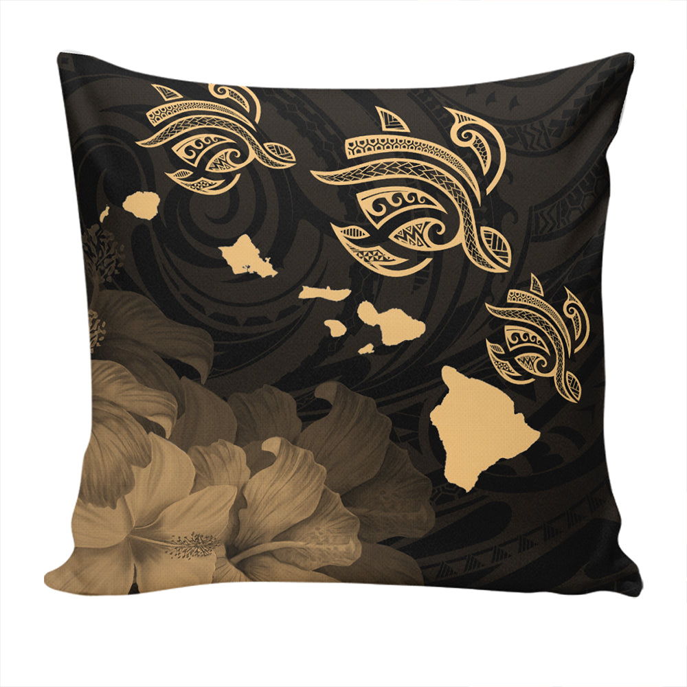 Hawaii Pillow Cover Turtle Hibiscus Map Polynesian Family Gold