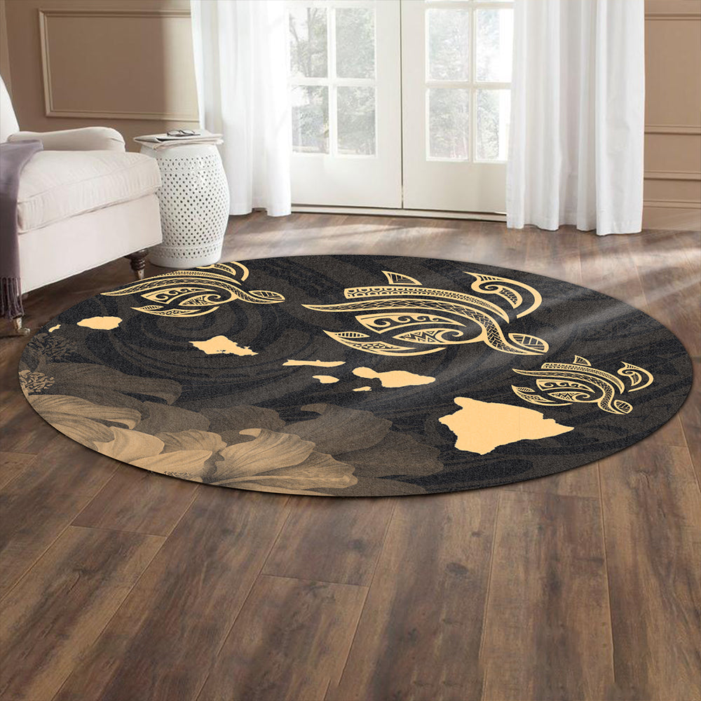 Hawaii Round Rug Turtle Hibiscus Map Polynesian Family Gold