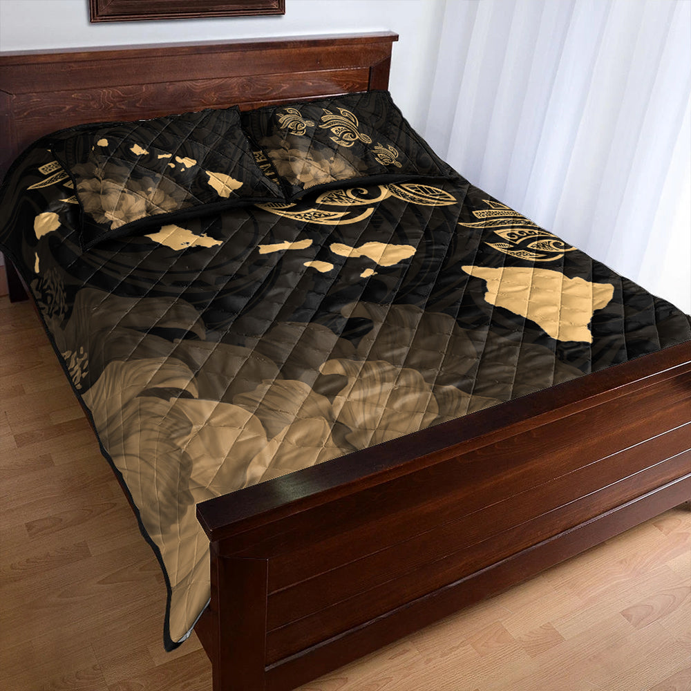 Hawaii Quilt Bed Set Turtle Hibiscus Map Polynesian Family Gold