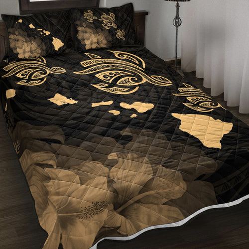 Hawaii Quilt Bed Set Turtle Hibiscus Map Polynesian Family Gold
