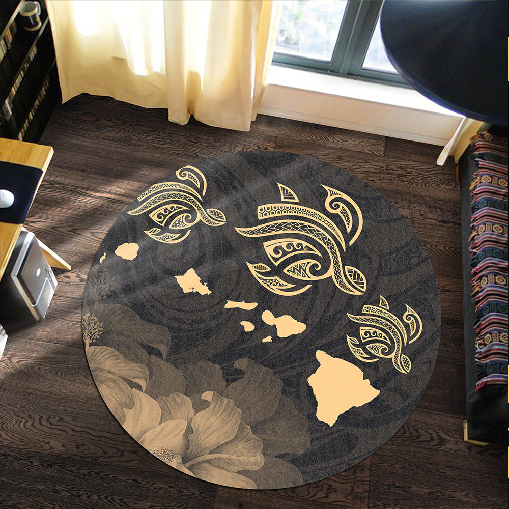 Hawaii Round Rug Turtle Hibiscus Map Polynesian Family Gold