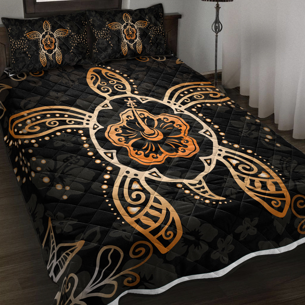 Hawaii Quilt Bed Set Turtle Hibiscus Orange