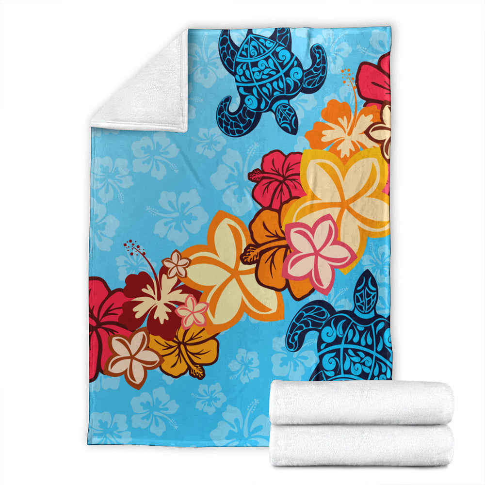 Hawaii Premium Blanket Turtle Hibiscus Pattern Blue
