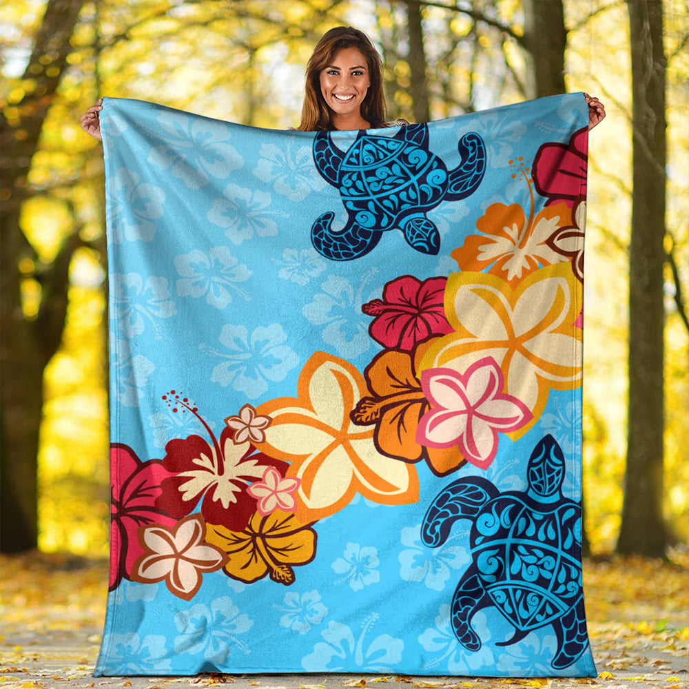 Hawaii Premium Blanket Turtle Hibiscus Pattern Blue