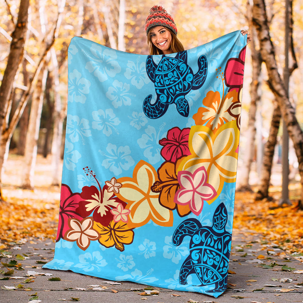 Hawaii Premium Blanket Turtle Hibiscus Pattern Blue