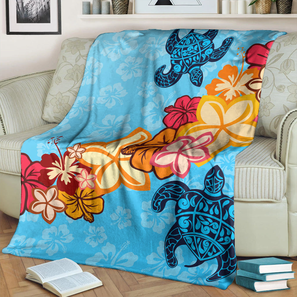 Hawaii Premium Blanket Turtle Hibiscus Pattern Blue
