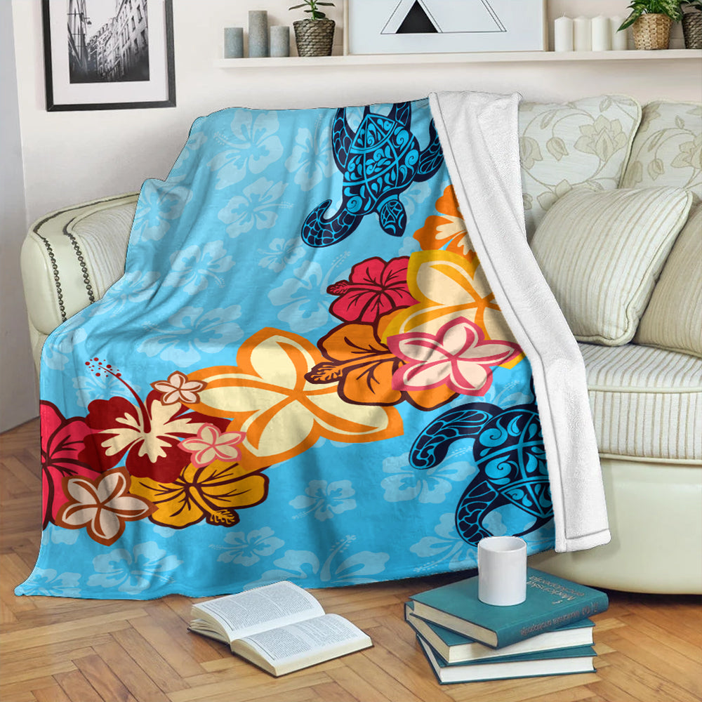 Hawaii Premium Blanket Turtle Hibiscus Pattern Blue