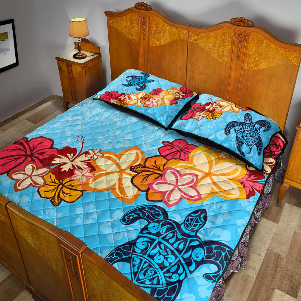 Hawaii Quilt Bed Set Turtle Hibiscus Pattern Blue