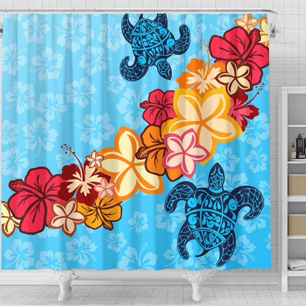 Hawaii Shower Curtain Turtle Hibiscus Pattern Blue