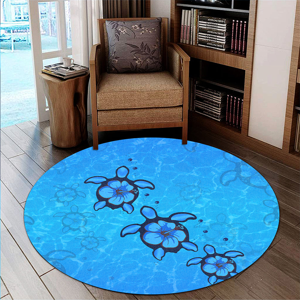 Hawaii Round Rug Turtle Hibiscus Swim In Sea