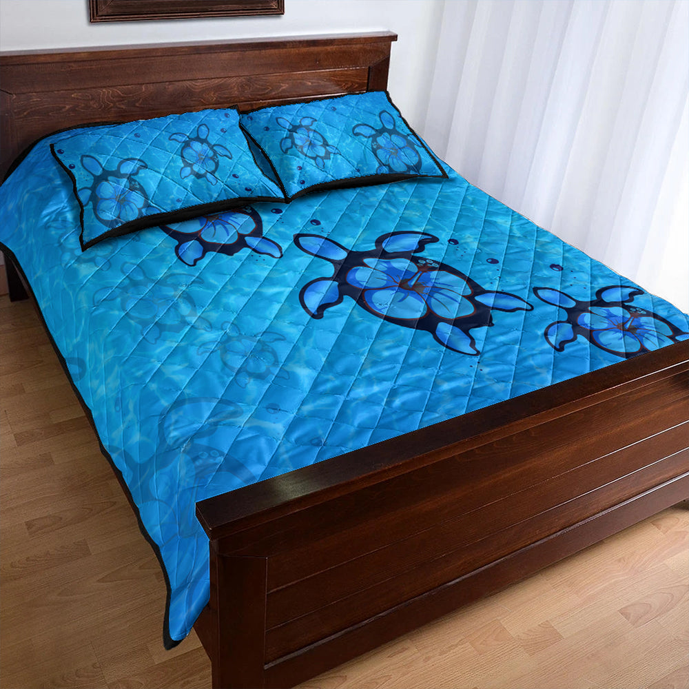 Hawaii Quilt Bed Set Turtle Hibiscus Swim In Sea