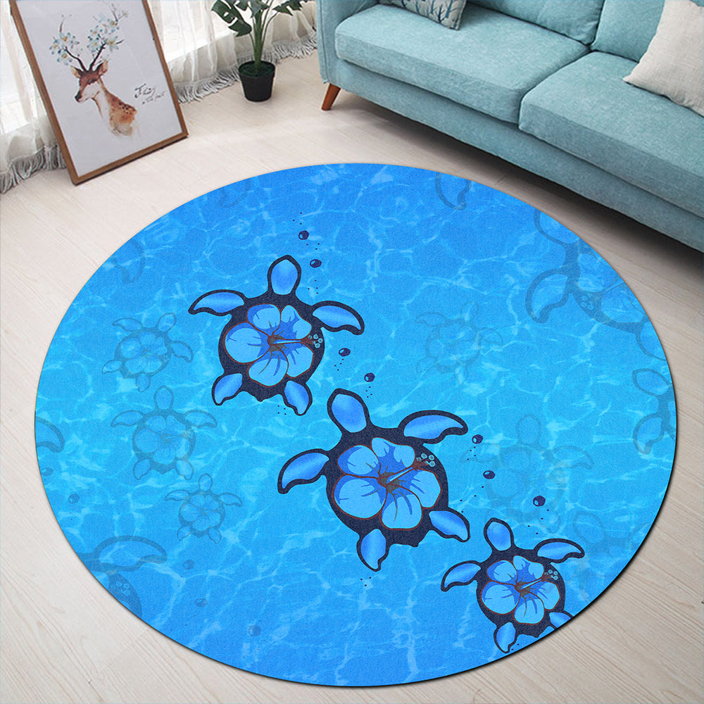 Hawaii Round Rug Turtle Hibiscus Swim In Sea