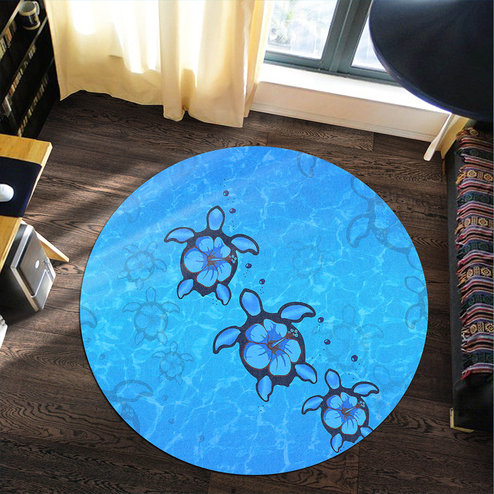 Hawaii Round Rug Turtle Hibiscus Swim In Sea