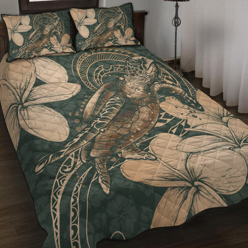 Hawaii Quilt Bed Set Turtle Map Plumeria Hibiscus Floral