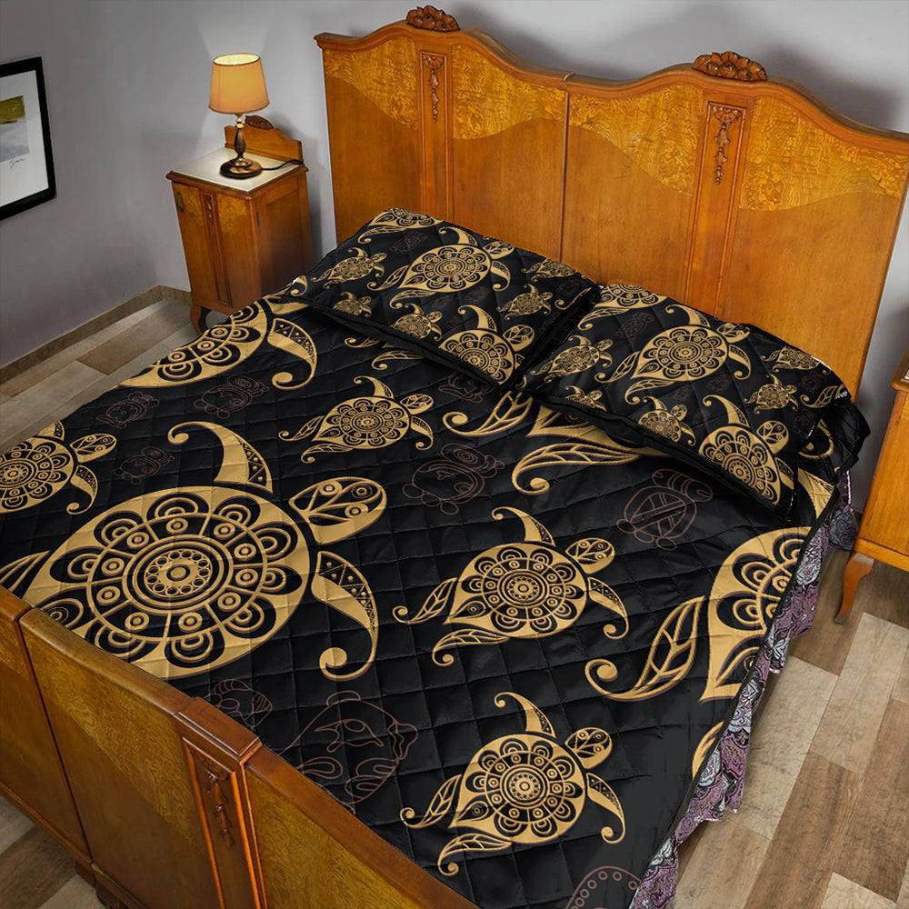 Hawaii Quilt Bed Set Turtle Pattern Golden
