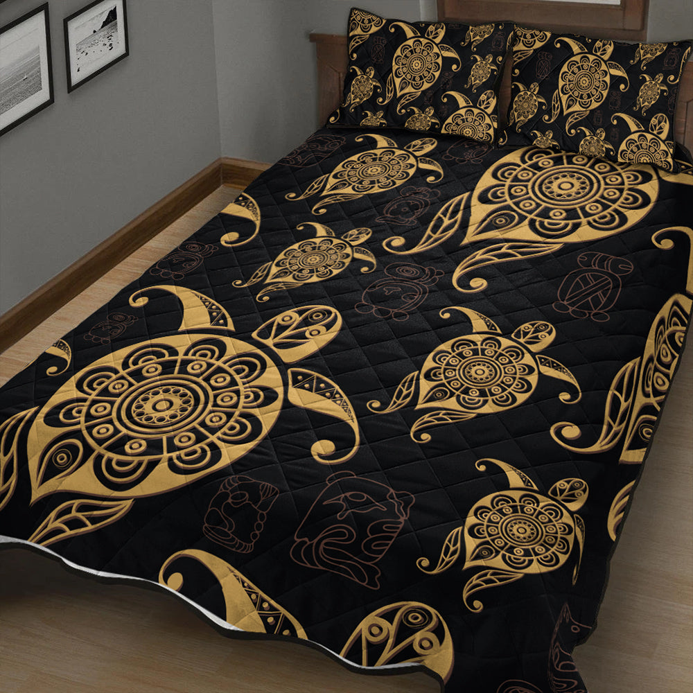 Hawaii Quilt Bed Set Turtle Pattern Golden