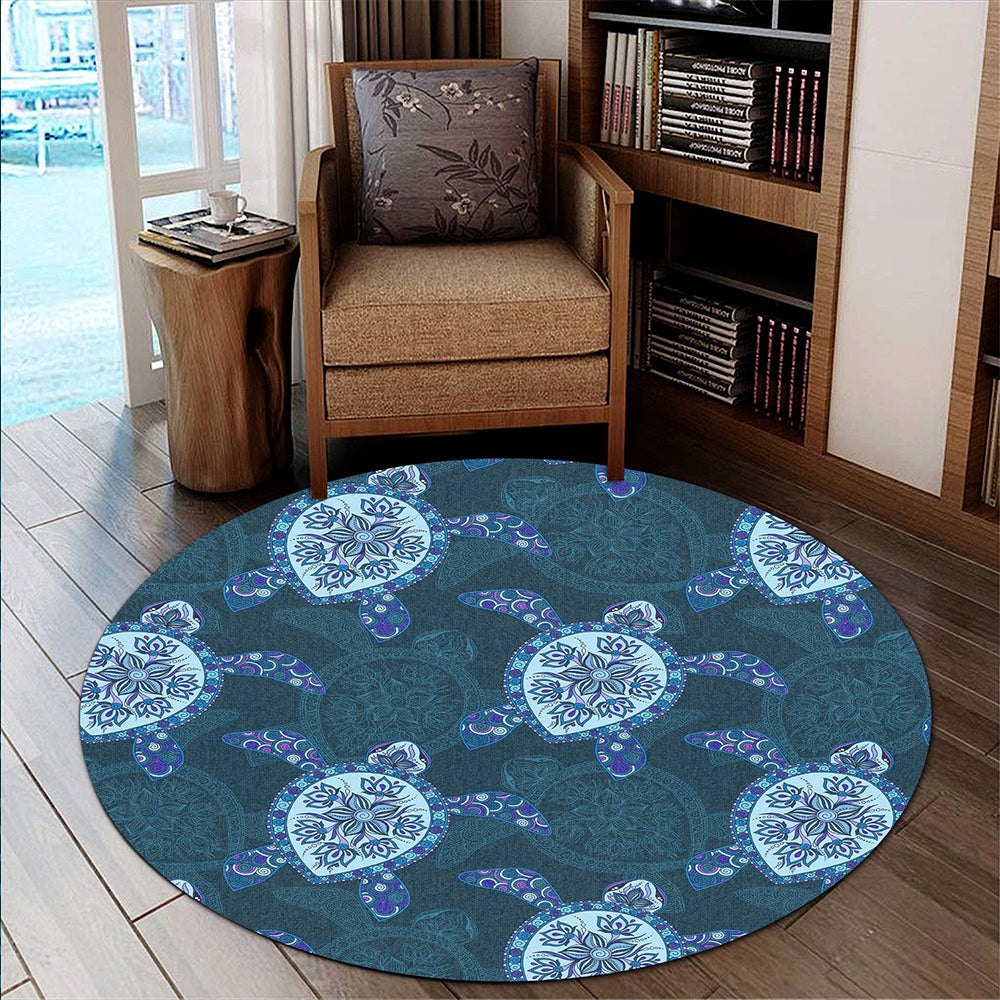 Hawaii Round Rug Turtle Plumeria Blue