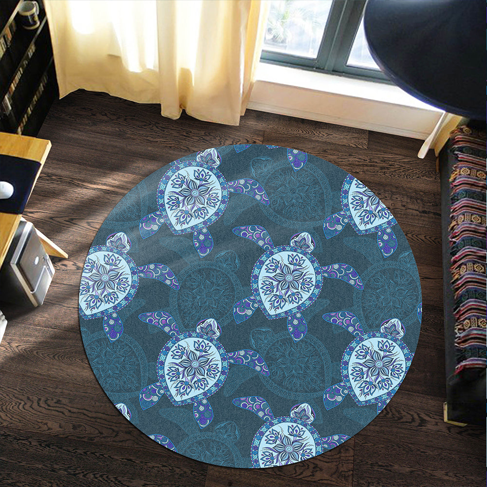 Hawaii Round Rug Turtle Plumeria Blue