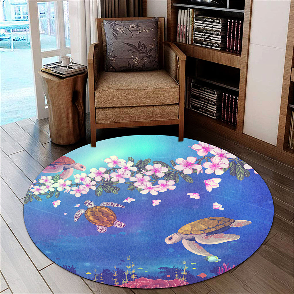 Hawaii Round Rug Turtle Plumeria Ocean
