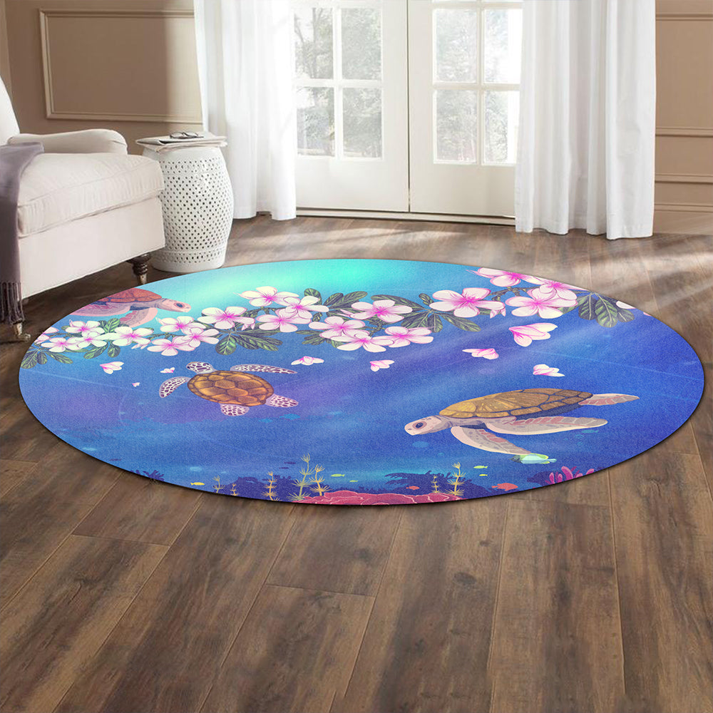 Hawaii Round Rug Turtle Plumeria Ocean
