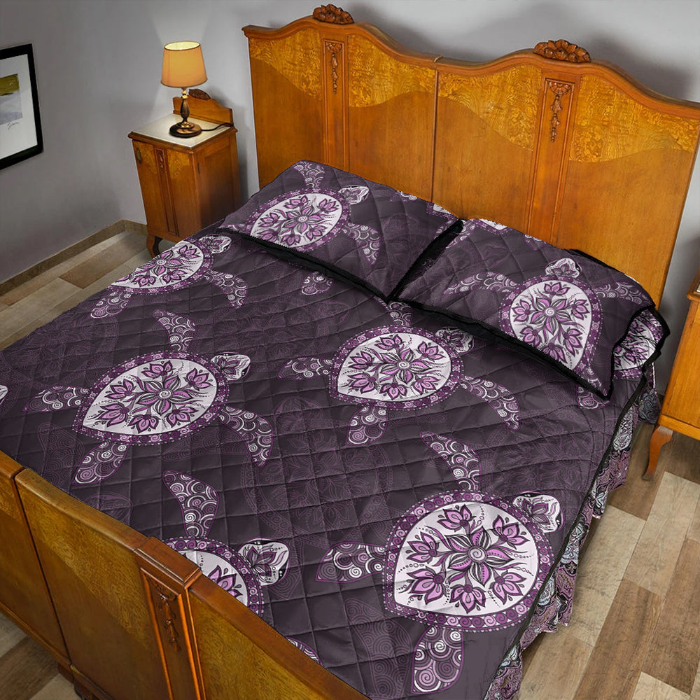 Hawaii Quilt Bed Set Turtle Plumeria Violet