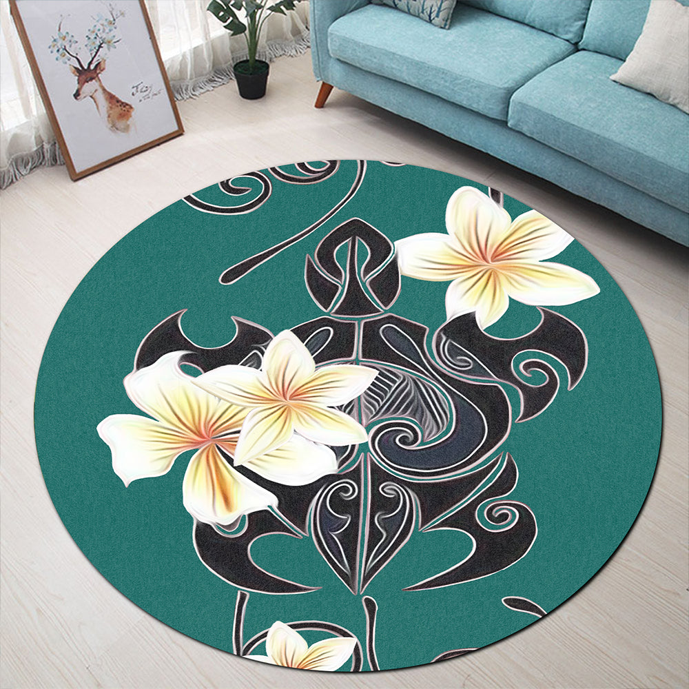 Hawaii Round Rug Turtle Poly Trinal Plumeria Turquoise