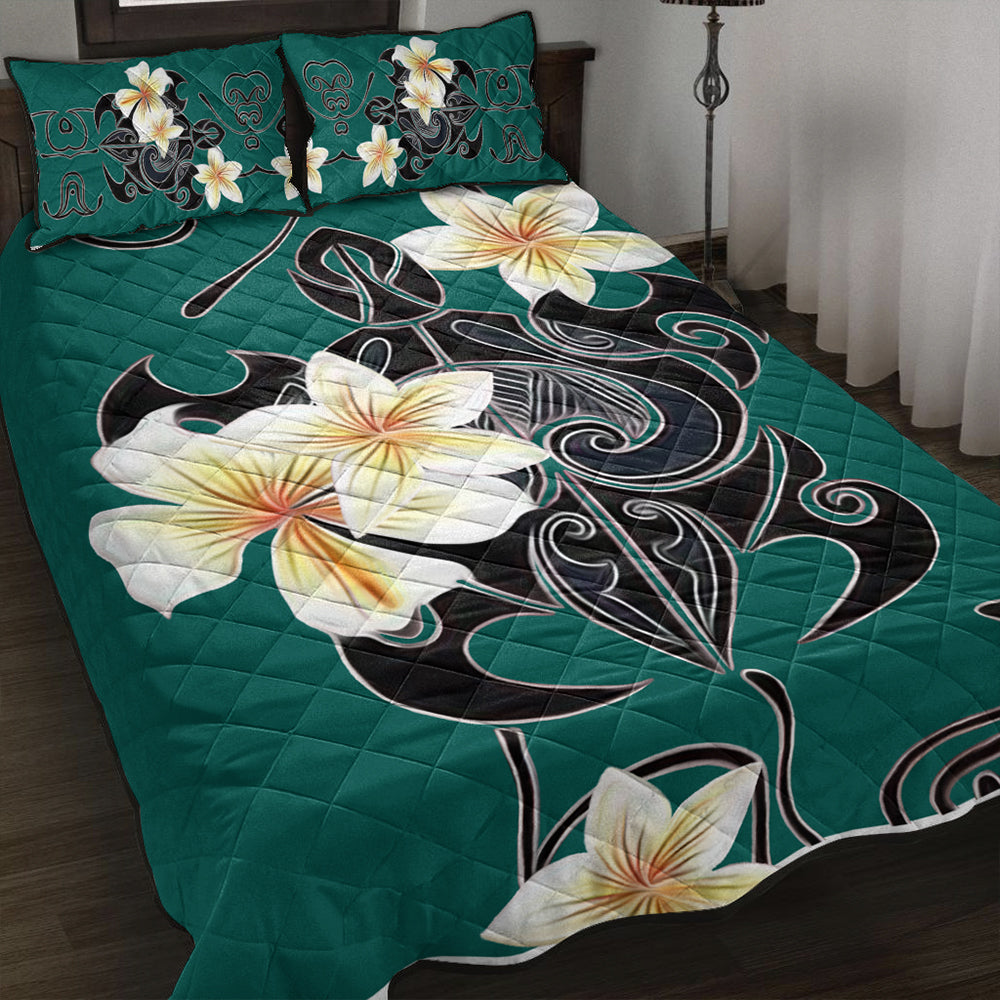 Hawaii Quilt Bed Set Turtle Poly Trinal Plumeria Turquoise