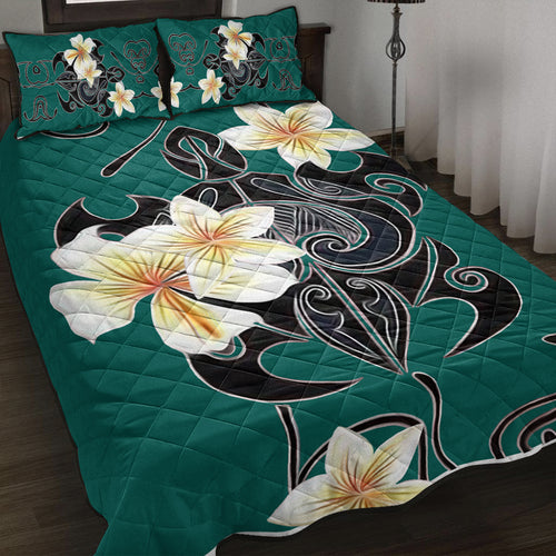 Hawaii Quilt Bed Set Turtle Poly Trinal Plumeria Turquoise