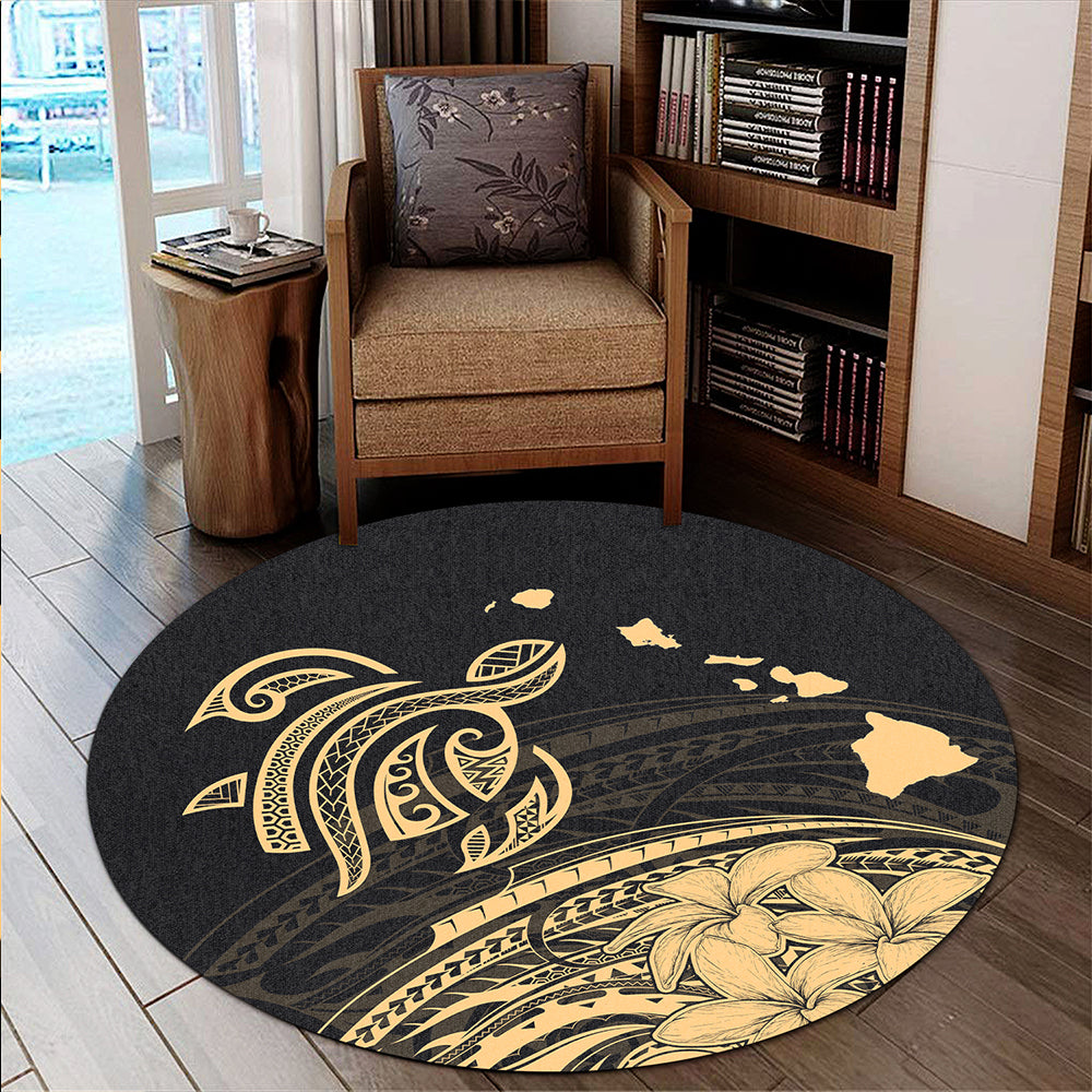 Hawaii Round Rug Turtle Polynesian Map Plumeria Gold