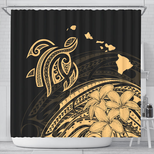 Hawaii Shower Curtain Turtle Polynesian Map Plumeria Gold
