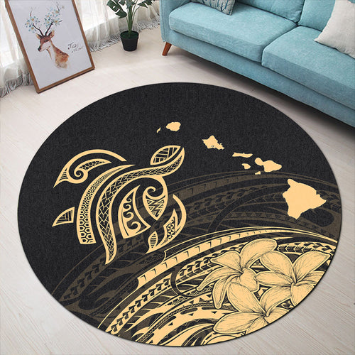 Hawaii Round Rug Turtle Polynesian Map Plumeria Gold