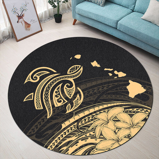 Hawaii Round Rug Turtle Polynesian Map Plumeria Gold