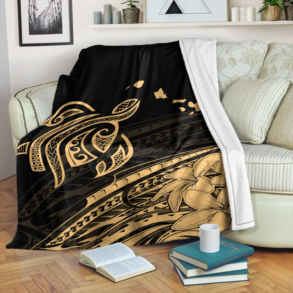 Hawaii Premium Blanket Turtle Polynesian Map Plumeria Gold