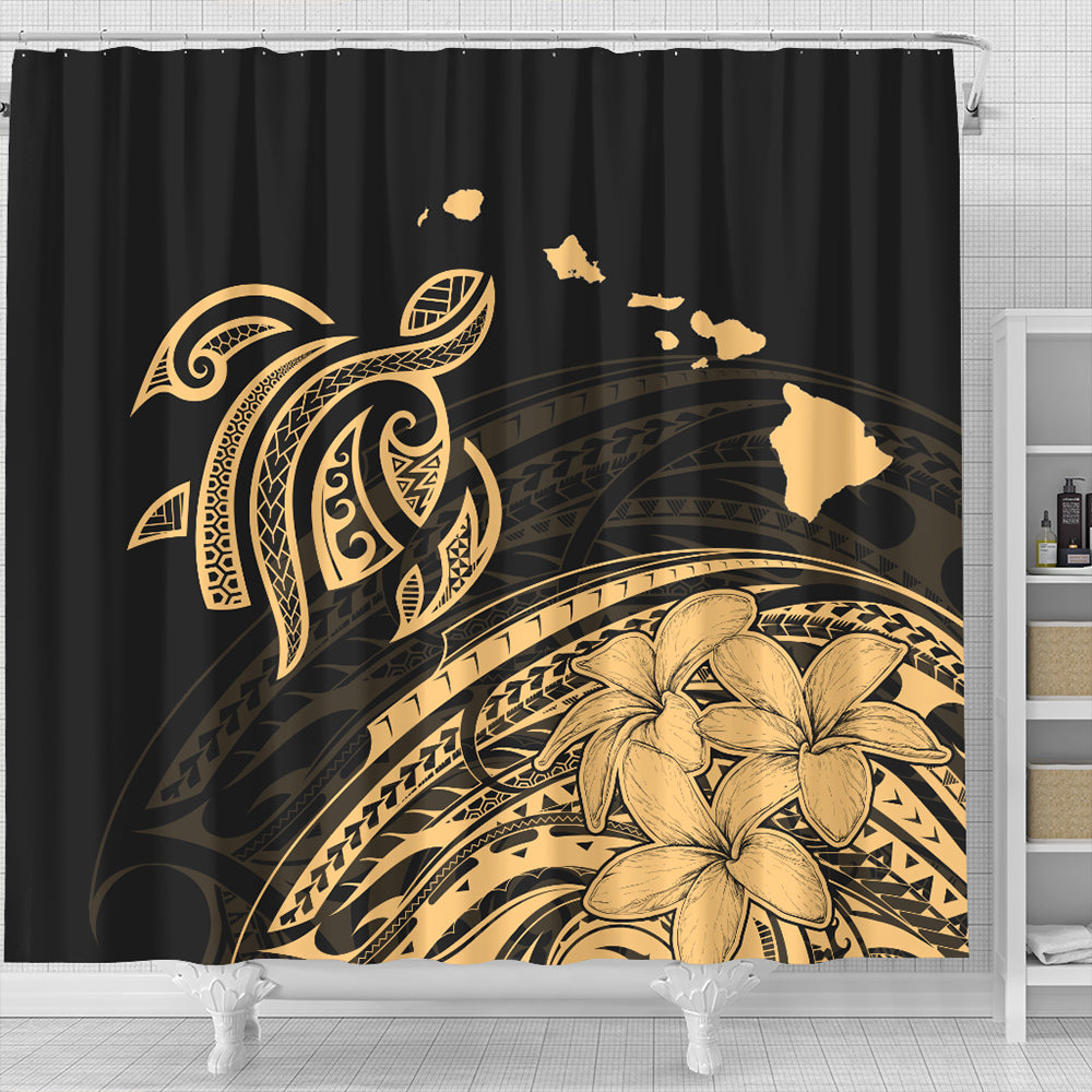 Hawaii Shower Curtain Turtle Polynesian Map Plumeria Gold