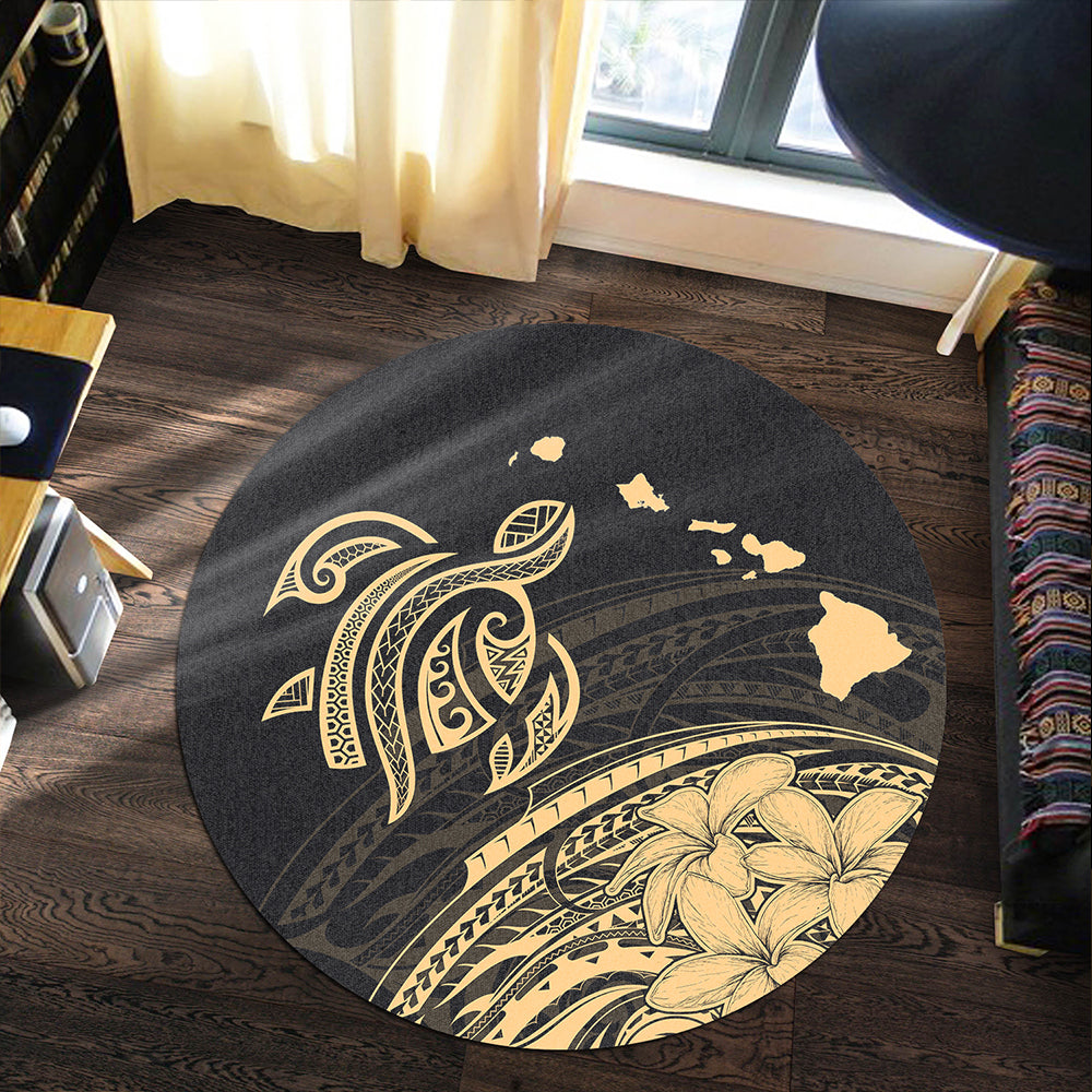 Hawaii Round Rug Turtle Polynesian Map Plumeria Gold
