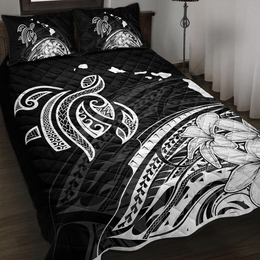 Hawaii Quilt Bed Set Turtle Polynesian Map Plumeria White