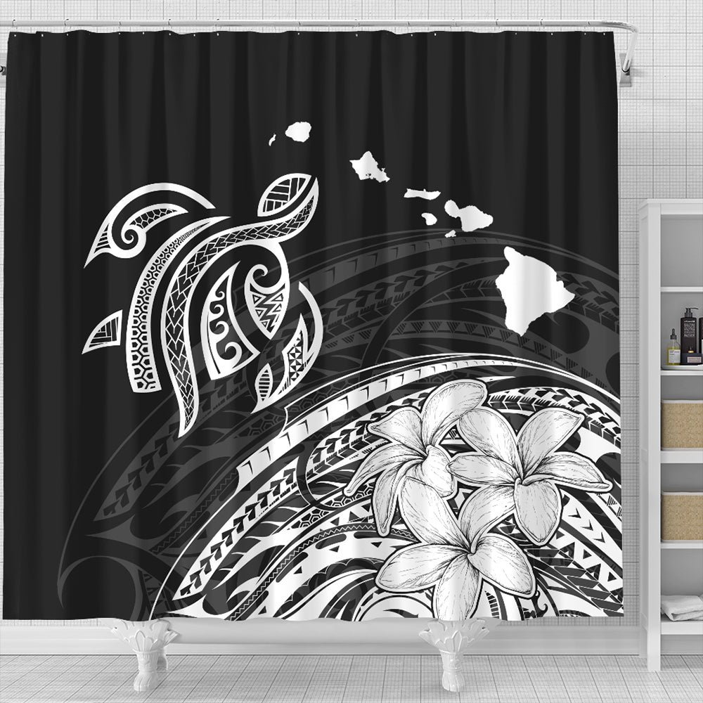 Hawaii Shower Curtain Turtle Polynesian Map Plumeria White